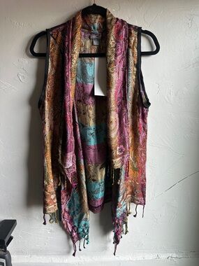 ANU Paisley Scarf Vest Boho Festival Layering Duster Fringe Hippie Chic Sz S